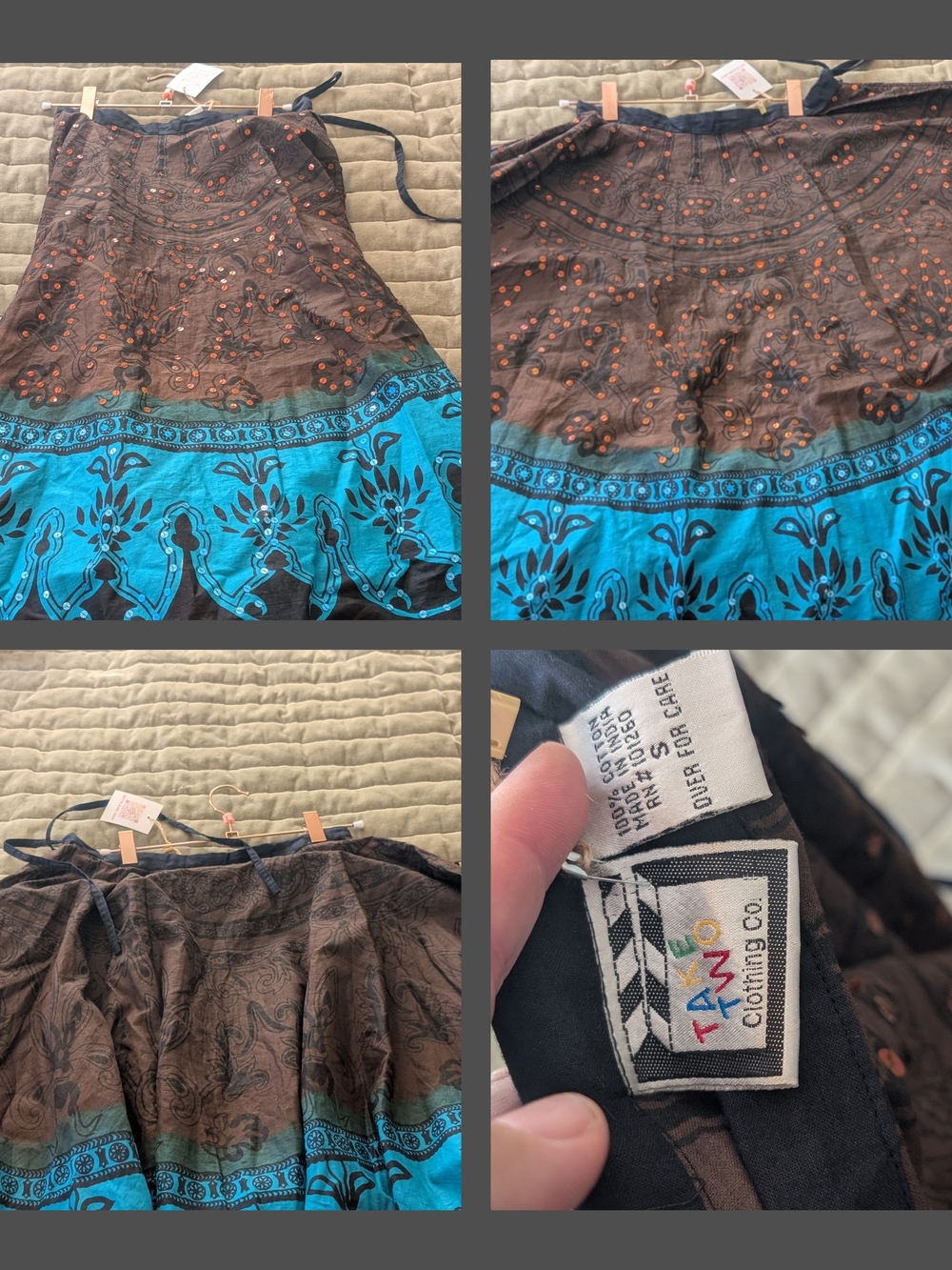 Take Two Two-Tone Sequined Brown and Turquoise Printed Cotton Skirt